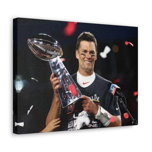 Close Up Image Of Tom Brady Holding The Vince Lombardi Trophy With The Tampa Bay Buccaneers After Winning Super Bowl Canvas Wall Art