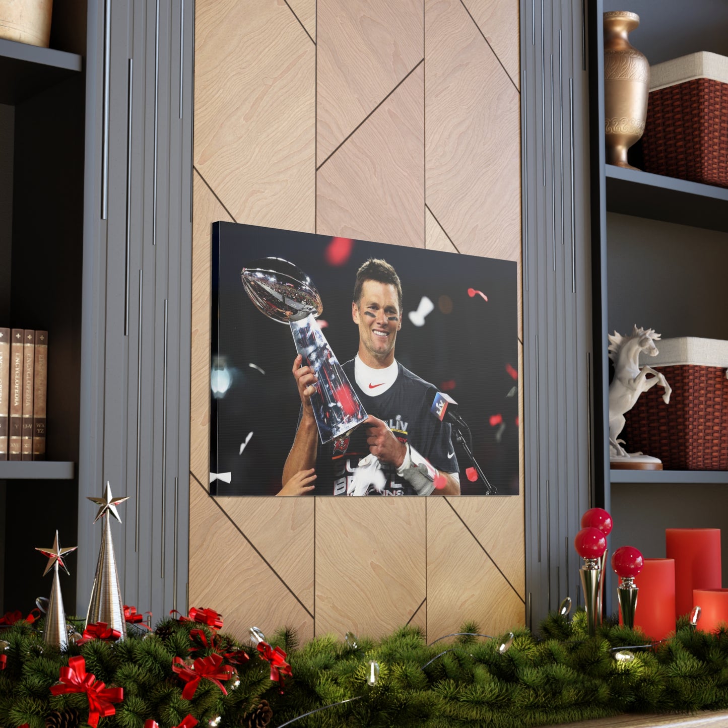 Close Up Image Of Tom Brady Holding The Vince Lombardi Trophy With The Tampa Bay Buccaneers After Winning Super Bowl Canvas Wall Art