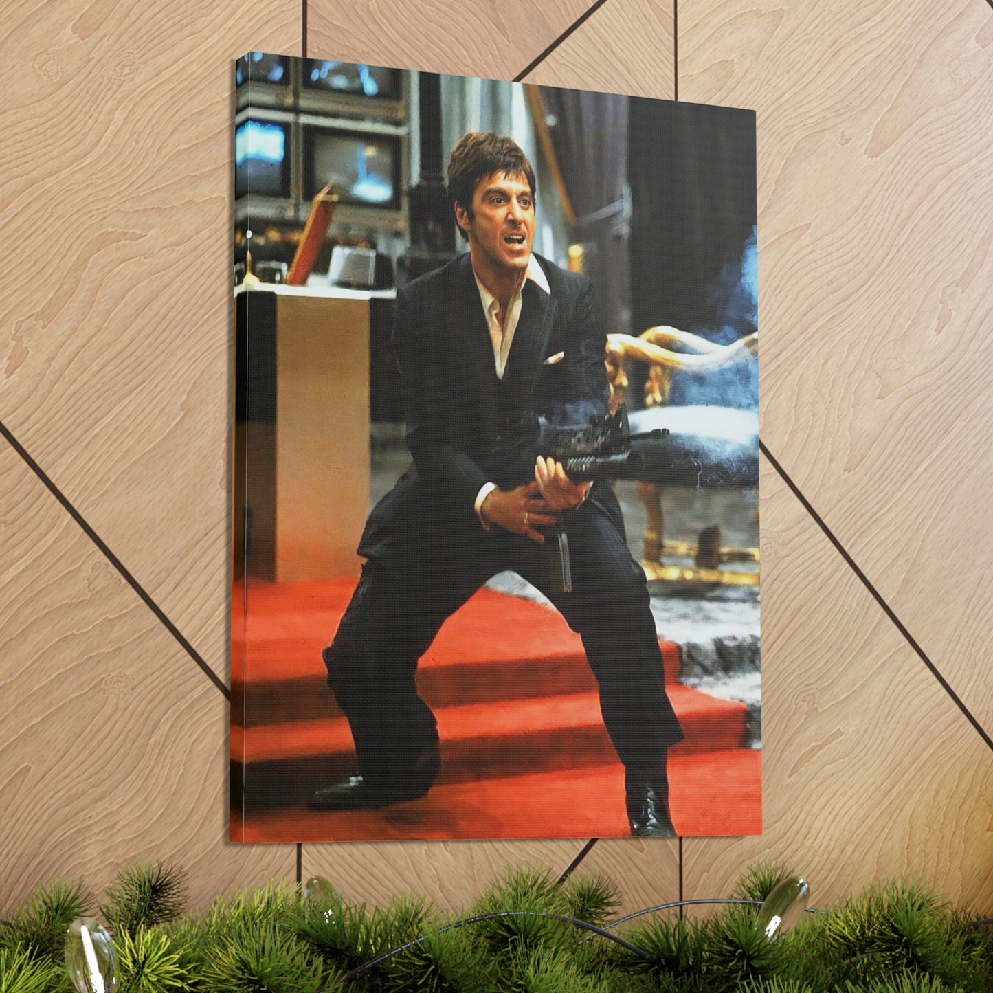 Tony Montana Scarface Final Shootout Scene In Mansion With M16 Canvas Wall Art