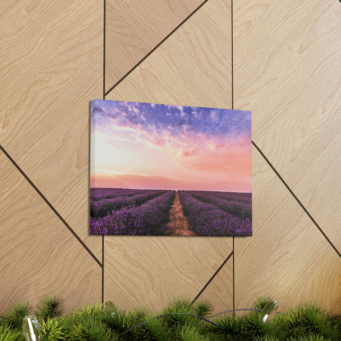 Field Of Lavender Flowers Under A Pink Sunset Sky Canvas Wall Art